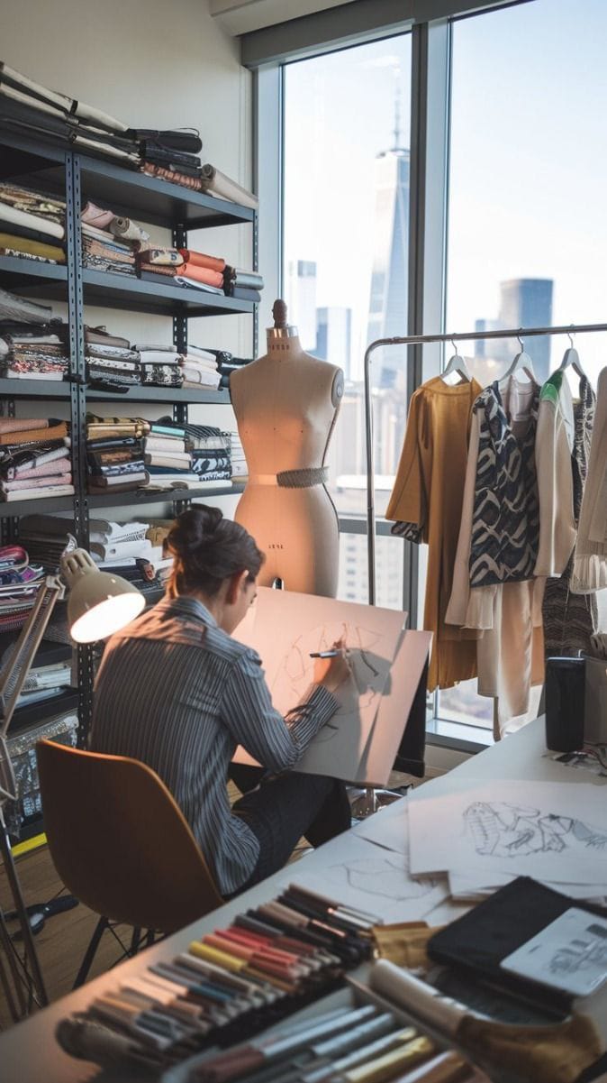 Fashion designer sketching in studio.